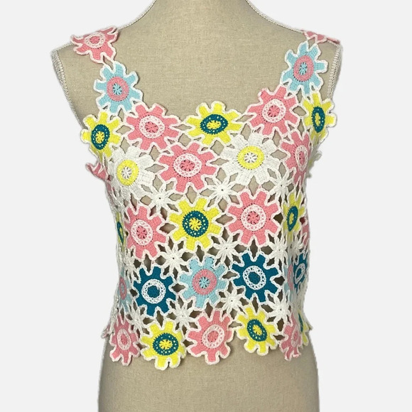 SHEIN Crochet Floral Tank Top Multi Coloured Size 4 Beach Boho Festival - Picture 1 of 8